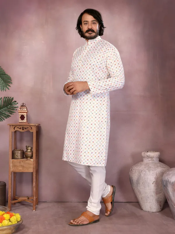 white-_Star_Silk_Straight_Embroidered_Kurta_For_Men