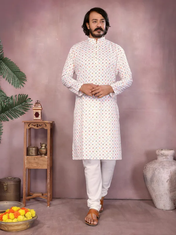 white-_Star_Silk_Straight_Embroidered_Kurta_For_Men