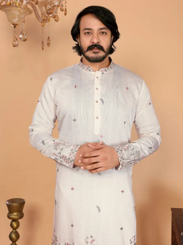 white_cream-_Star_Silk_Straight_Embroidered_Kurta_For_Men