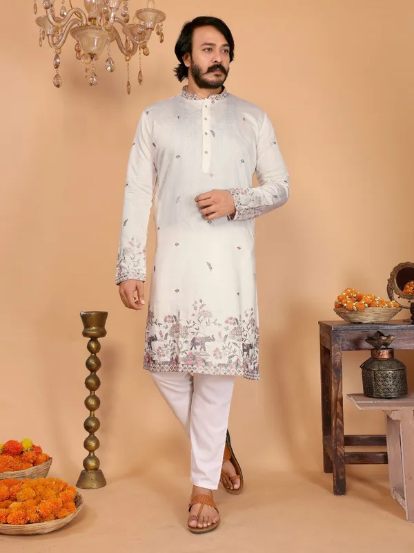 white_cream-_Star_Silk_Straight_Embroidered_Kurta_For_Men