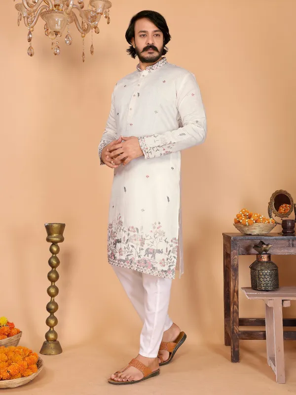 white_cream-_Star_Silk_Straight_Embroidered_Kurta_For_Men