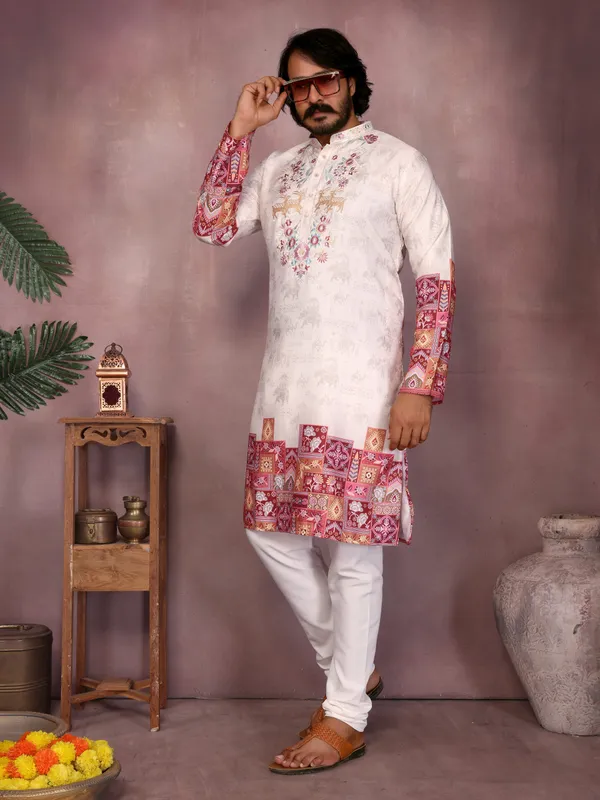 white_magenta-_Star_Silk_Straight_Embroidered_Kurta_For_Men