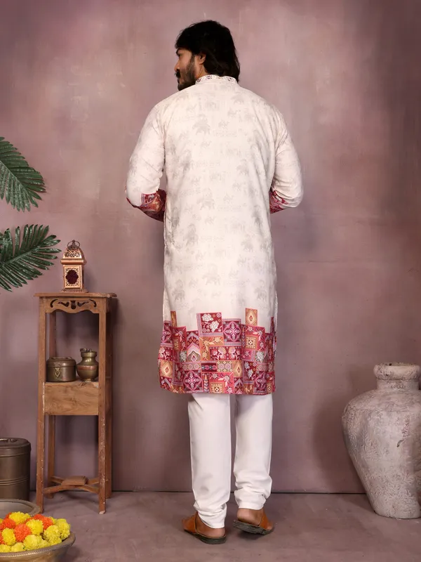 white_magenta-_Star_Silk_Straight_Embroidered_Kurta_For_Men