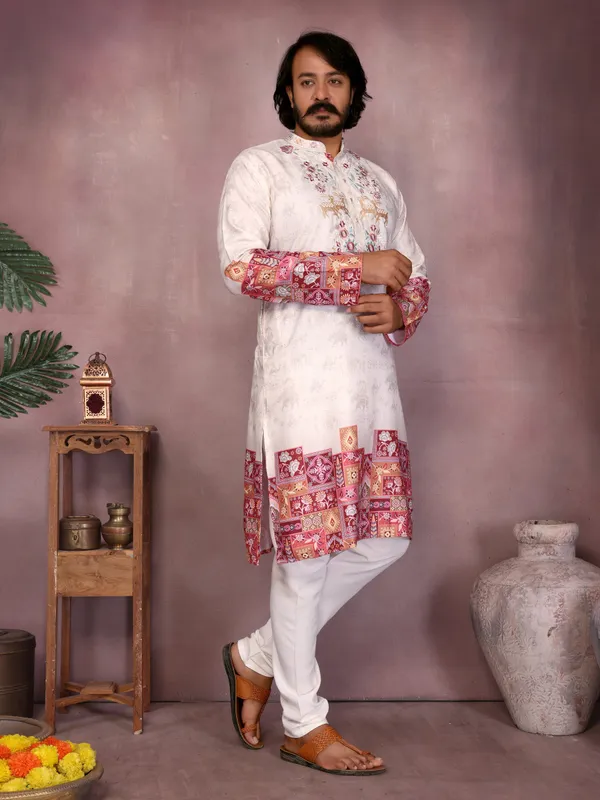 white_magenta-_Star_Silk_Straight_Embroidered_Kurta_For_Men