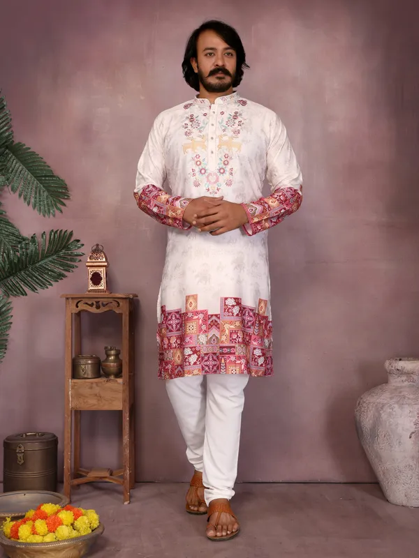 white_magenta-_Star_Silk_Straight_Embroidered_Kurta_For_Men