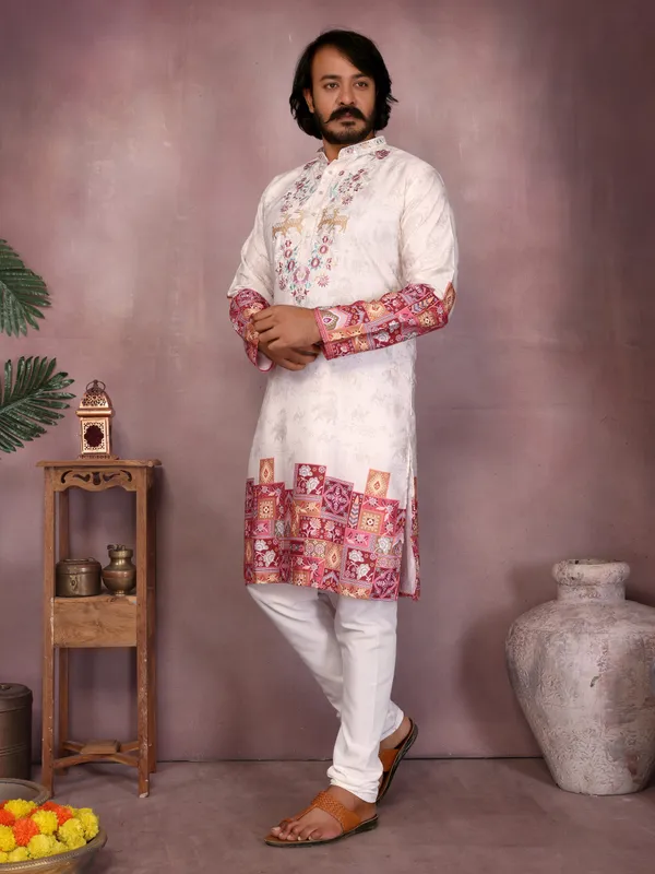 white_magenta-_Star_Silk_Straight_Embroidered_Kurta_For_Men