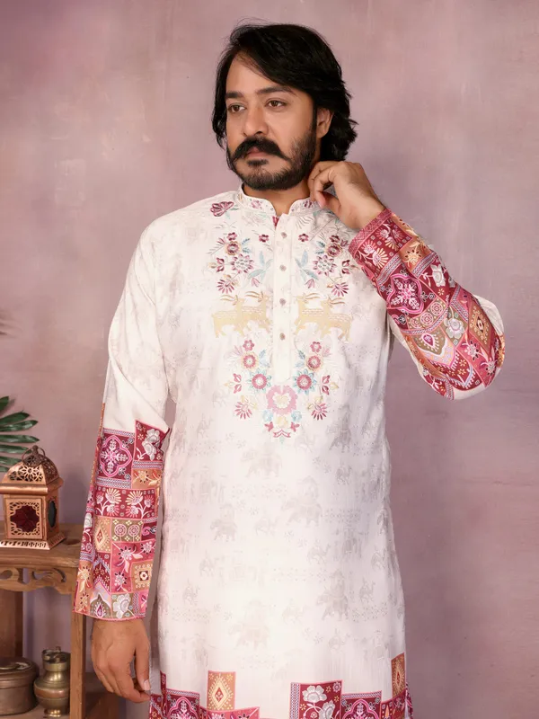 white_magenta-_Star_Silk_Straight_Embroidered_Kurta_For_Men