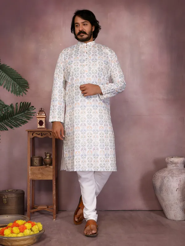 white_printed-_Star_Silk_Straight_Embroidered_Kurta_For_Men