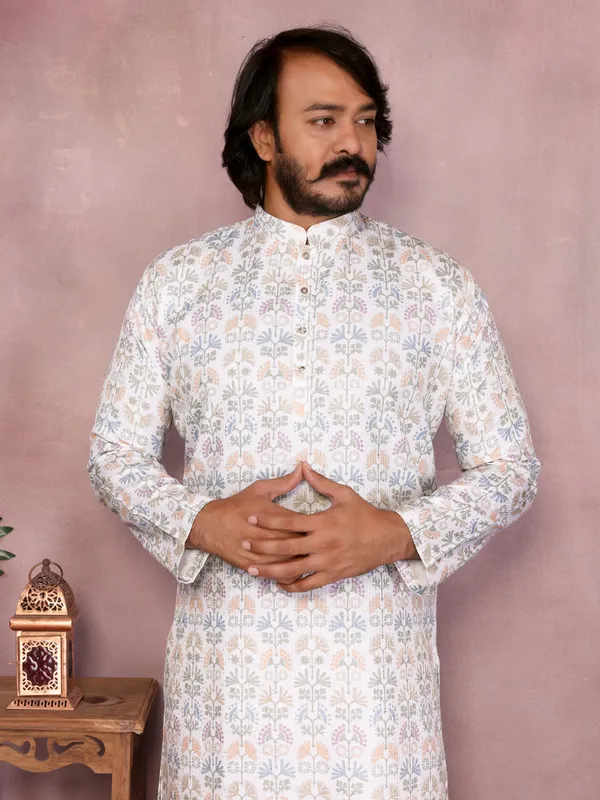 white_printed-_Star_Silk_Straight_Embroidered_Kurta_For_Men