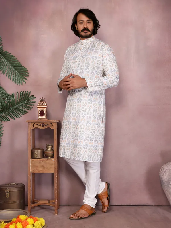 white_printed-_Star_Silk_Straight_Embroidered_Kurta_For_Men