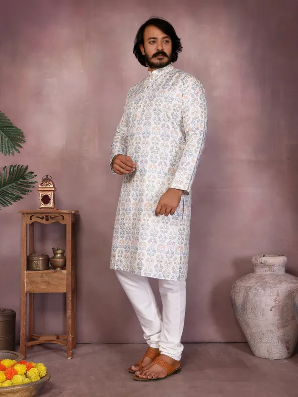 white_printed-_Star_Silk_Straight_Embroidered_Kurta_For_Men