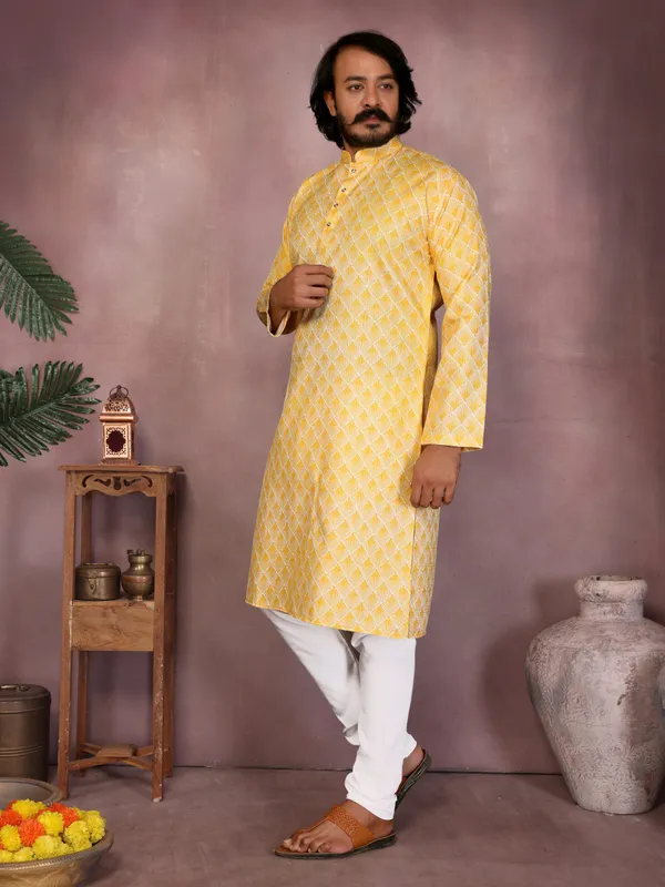 yellow-_Star_Silk_Straight_Embroidered_Kurta_For_Men
