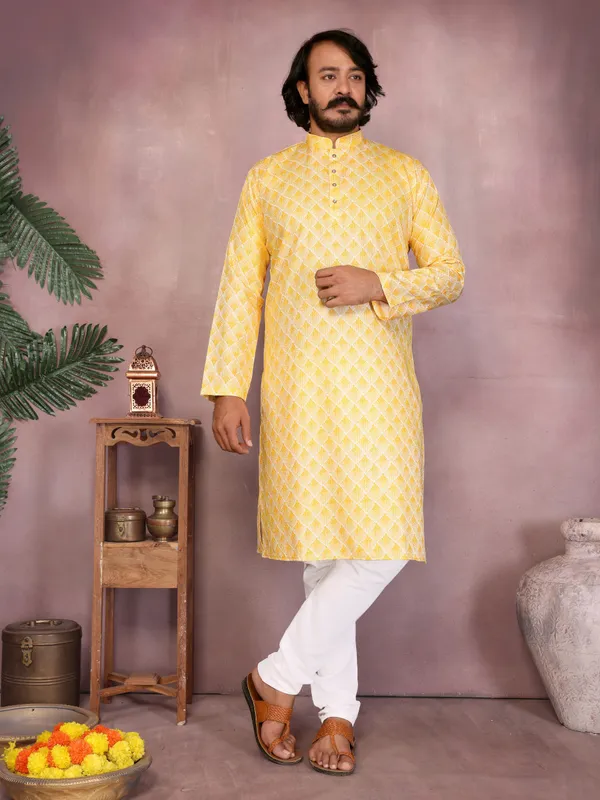 yellow-_Star_Silk_Straight_Embroidered_Kurta_For_Men
