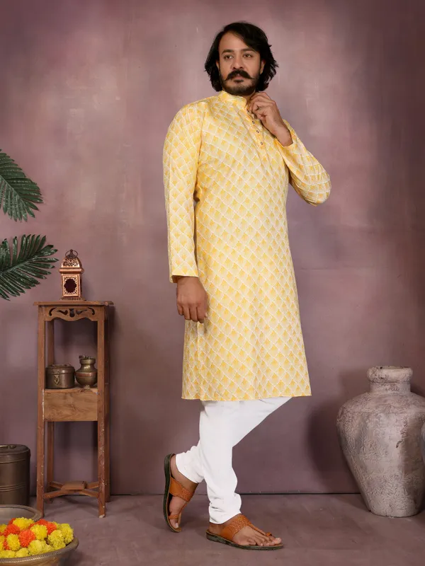 yellow-_Star_Silk_Straight_Embroidered_Kurta_For_Men