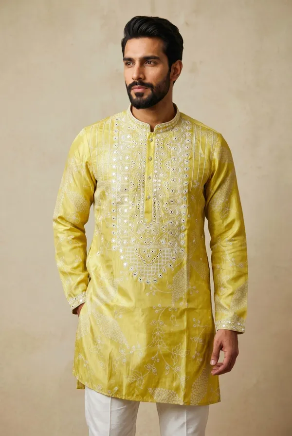 yellow_-_Star_Silk_Straight_Embroidered_Kurta_For_Men