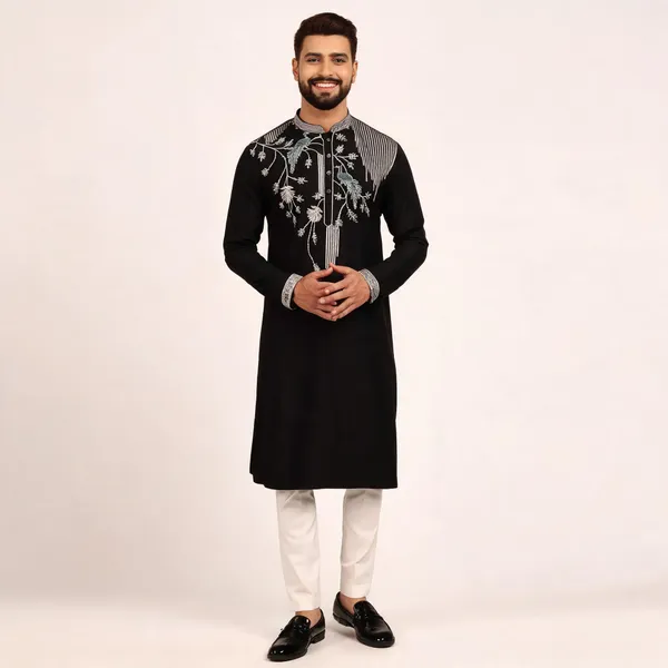 Black_Cotton_Straight_Embroidered_Kurta_For_Men