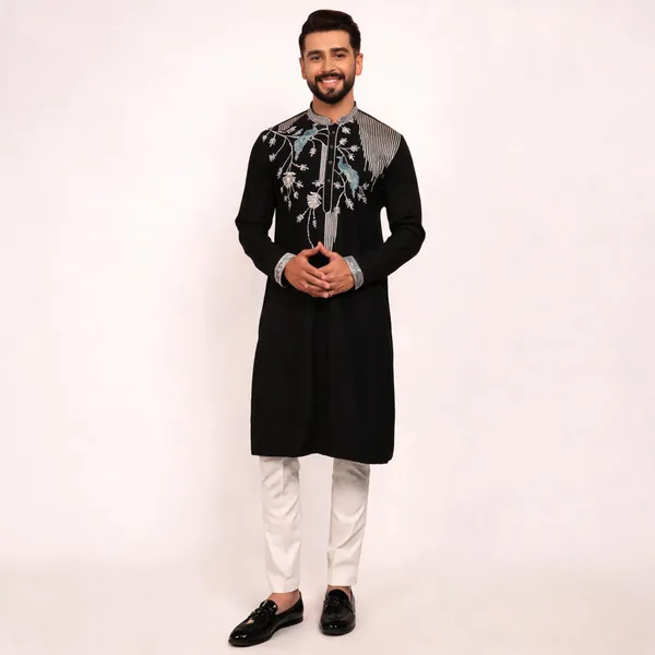 Black_Cotton_Straight_Embroidered_Kurta_For_Men
