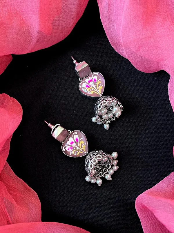 Hand_Painted_Monalisa_Stone_Top_With_Silver_Replica_Jhumki_Earring_For_Women_&_Girls