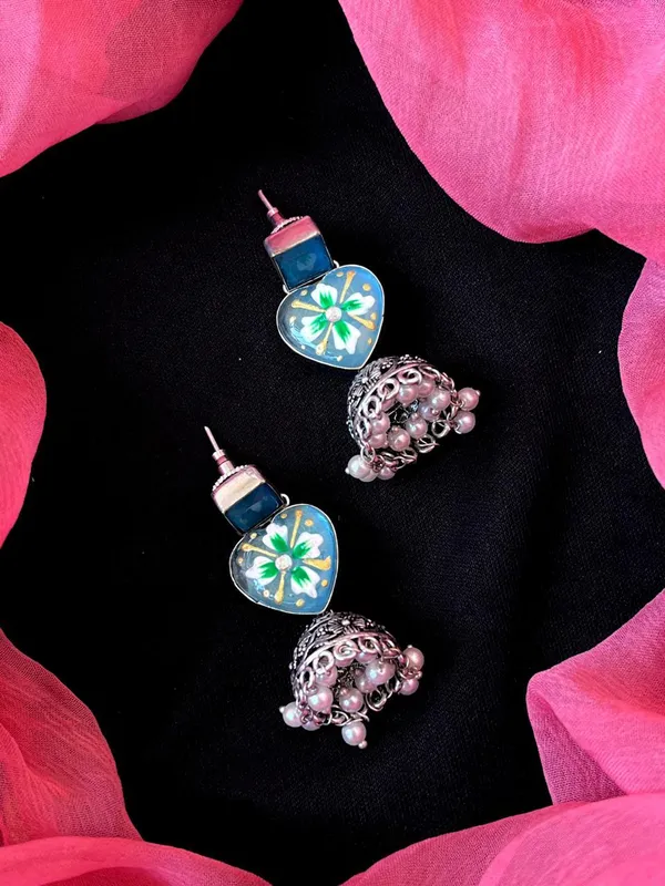 Hand_Painted_Monalisa_Stone_Top_With_Silver_Replica_Jhumki_Earring_For_Women_&_Girls