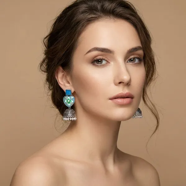 Hand_Painted_Monalisa_Stone_Top_With_Silver_Replica_Jhumki_Earring_For_Women_&_Girls