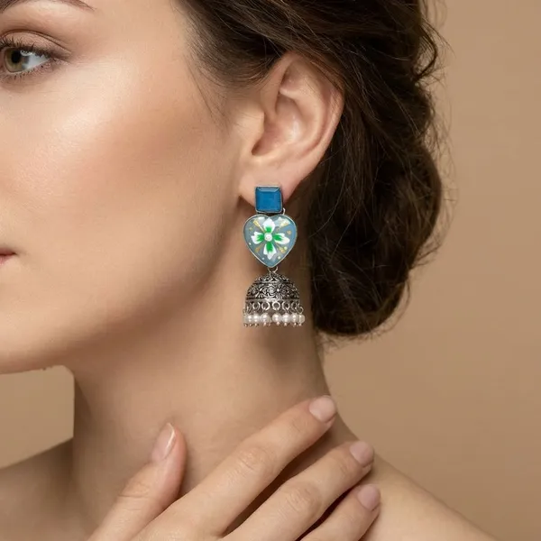 Hand_Painted_Monalisa_Stone_Top_With_Silver_Replica_Jhumki_Earring_For_Women_&_Girls