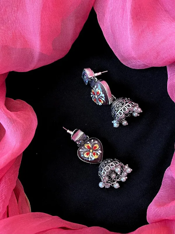 Hand_Painted_Monalisa_Stone_Top_With_Silver_Replica_Jhumki_Earring_For_Women_&_Girls