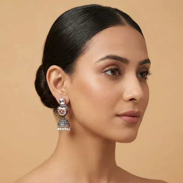 Hand_Painted_Monalisa_Stone_Top_With_Silver_Replica_Jhumki_Earring_For_Women_&_Girls