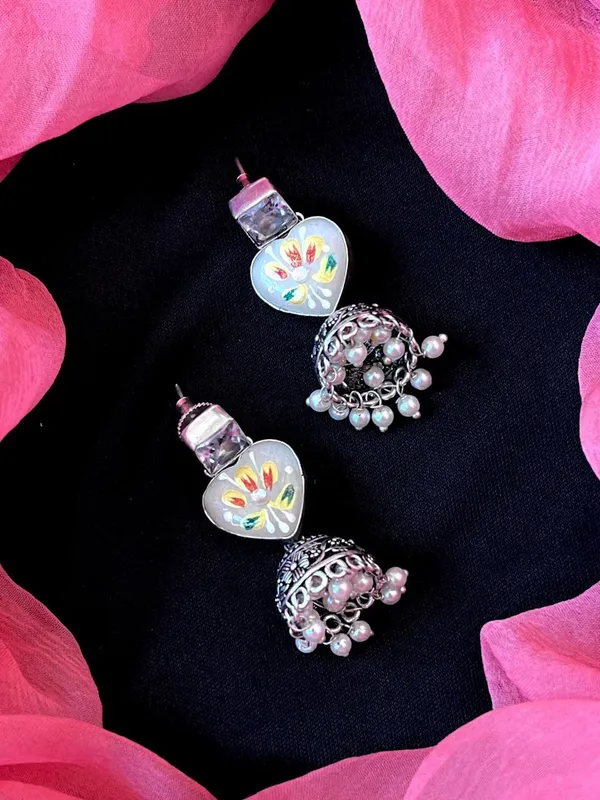 Hand_Painted_Monalisa_Stone_Top_With_Silver_Replica_Jhumki_Earring_For_Women_&_Girls