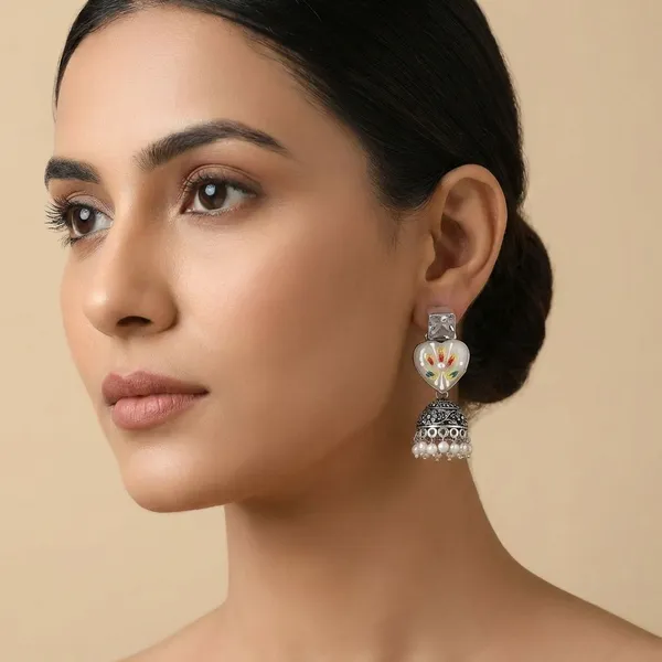 Hand_Painted_Monalisa_Stone_Top_With_Silver_Replica_Jhumki_Earring_For_Women_&_Girls