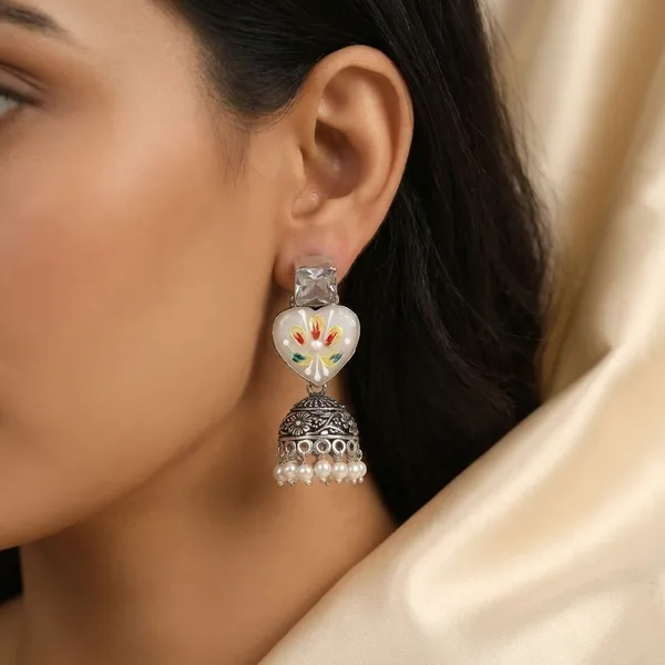 Hand_Painted_Monalisa_Stone_Top_With_Silver_Replica_Jhumki_Earring_For_Women_&_Girls