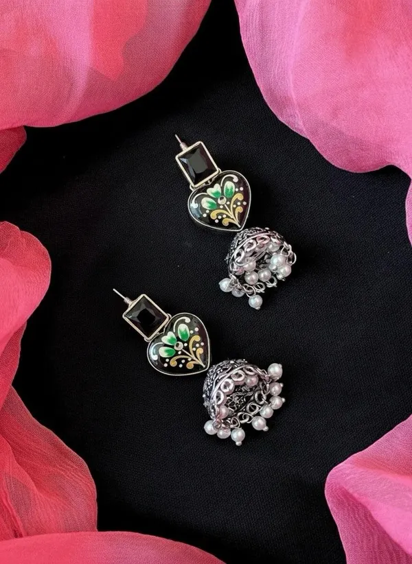 Hand_Painted_Monalisa_Stone_Top_With_Silver_Replica_Jhumki_Earring_For_Women_&_Girls