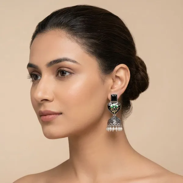 Hand_Painted_Monalisa_Stone_Top_With_Silver_Replica_Jhumki_Earring_For_Women_&_Girls