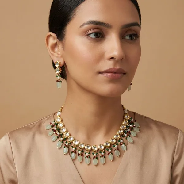 Kundan_With_Stones_Beads_And_Cheer_Choker_With_Earring_Set_For_Women_&_Girls