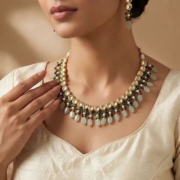 Kundan_With_Stones_Beads_And_Cheer_Choker_With_Earring_Set_For_Women_&_Girls