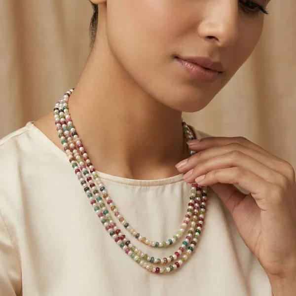 Semi_Precious_Stone_With_Small_Shell_Pearl_Necklace_With_Earring_Set_For_Women_&_Girls