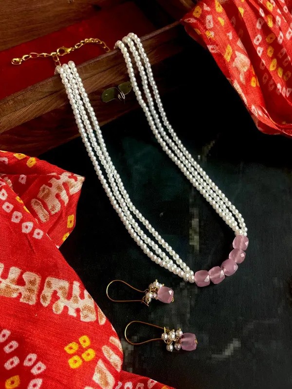 Semi_Precious_Stone_With_Small_Shell_Pearl_Necklace_With_Earring_Set_For_Women_&_Girls