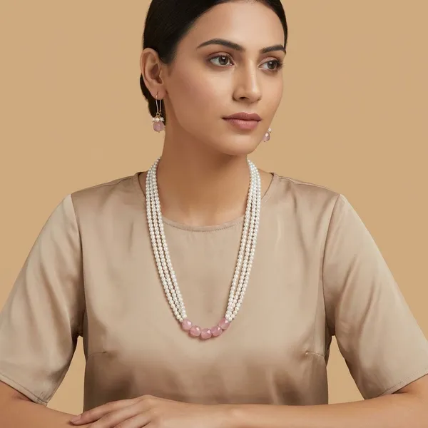 Semi_Precious_Stone_With_Small_Shell_Pearl_Necklace_With_Earring_Set_For_Women_&_Girls