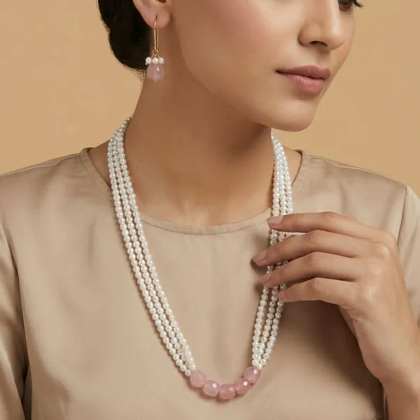 Semi_Precious_Stone_With_Small_Shell_Pearl_Necklace_With_Earring_Set_For_Women_&_Girls