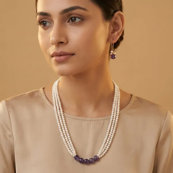 Semi_Precious_Stone_With_Small_Shell_Pearl_Necklace_With_Earring_Set_For_Women_&_Girls