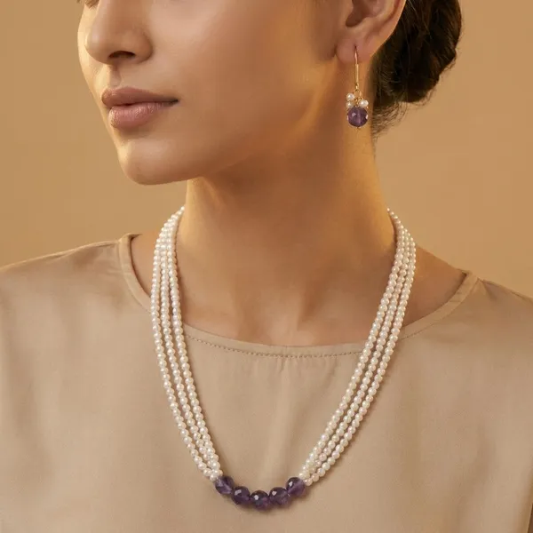Semi_Precious_Stone_With_Small_Shell_Pearl_Necklace_With_Earring_Set_For_Women_&_Girls
