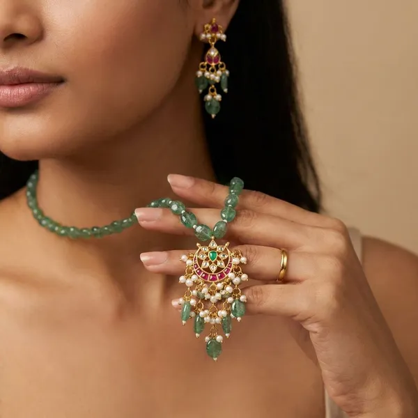 Kundan_With_Strawberry_Stone_Beads_Pendant_And_Mala_Necklace_And_Earring_Set_For_Women_&_Girls