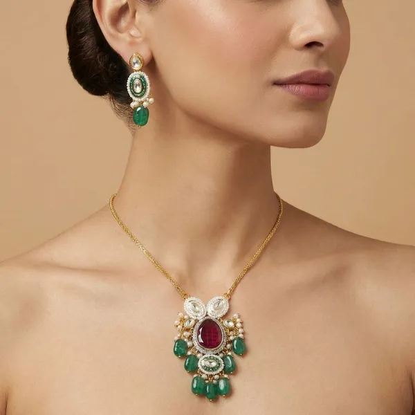 Monalisa_Jade_Stone_With_Kundan_Meenakari_Pendant_Chain_Necklace_With_Earring_Set_For_Women_&_Girls