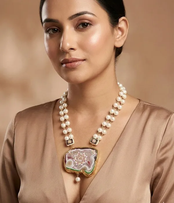 White_Golden_Links_Opera_Necklace_With_Shell_Pearls_And_Hand_Painted_Agate_Slice_Pendant