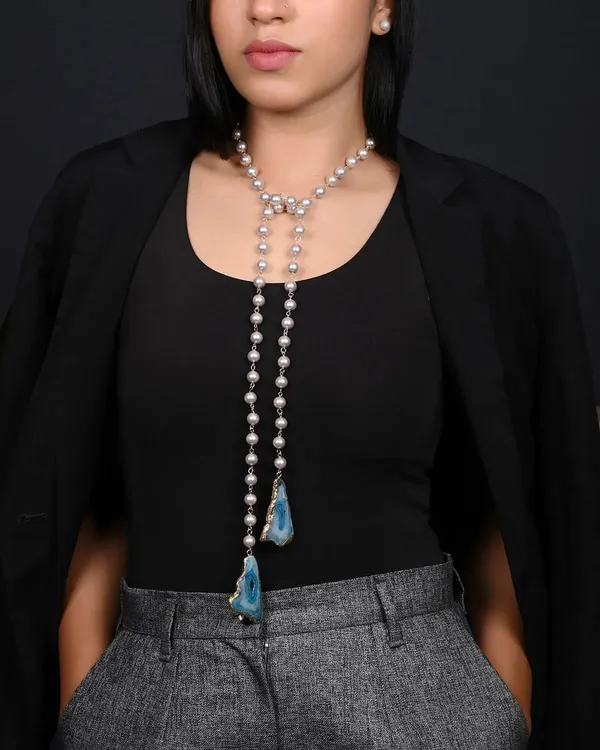 White_And_Blue_Endless_Elegance_Necklace_Shell_Pearls_And_Druzy_Stone_Multi_Style_Necklace