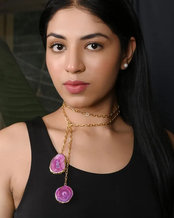 Pink_Golden_Edge_Chain_And_Agate_Slice_Stones_Multi_Style_Necklace