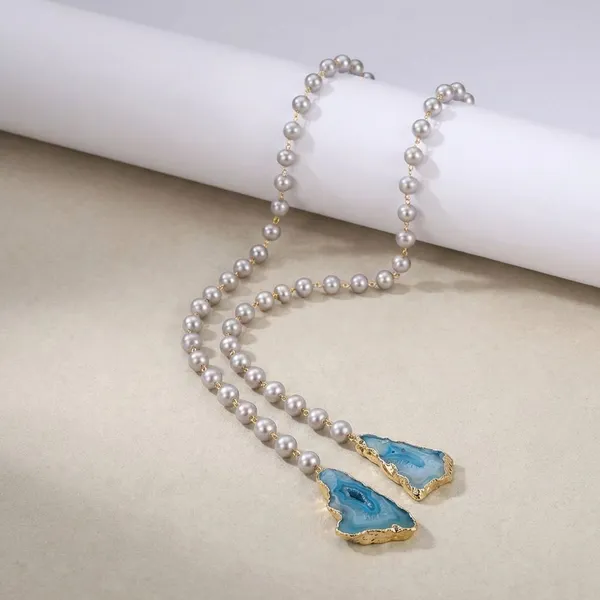White_And_Blue_Endless_Elegance_Necklace_Shell_Pearls_And_Druzy_Stone_Multi_Style_Necklace
