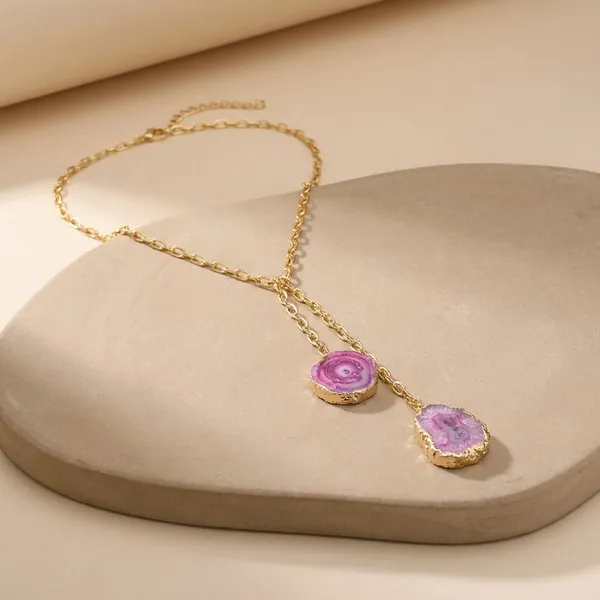Pink_Golden_Edge_Chain_And_Agate_Slice_Stones_Multi_Style_Necklace