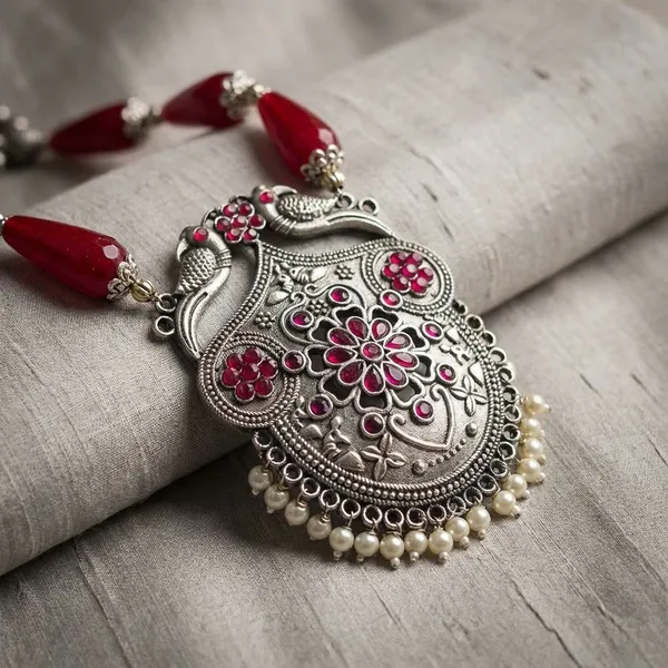 Red_Rose_Dust_Agate_Drops_And_Brass_Pendant_Necklace