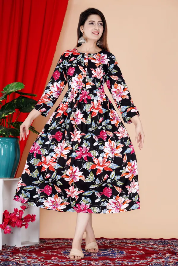Black_Rayon_Flared_Round_Neck_Gown_For_Women