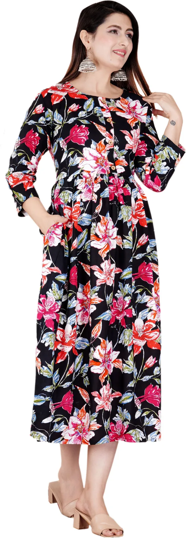 Black_Rayon_Flared_Round_Neck_Gown_For_Women